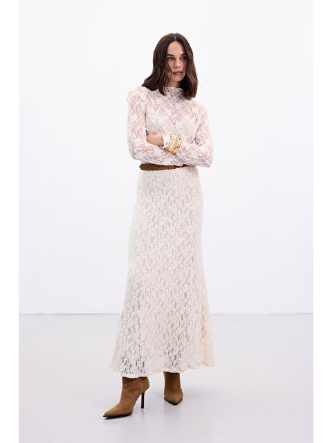 SATEEN Dantelli Uzun Etek - Bej - S000499964-19928