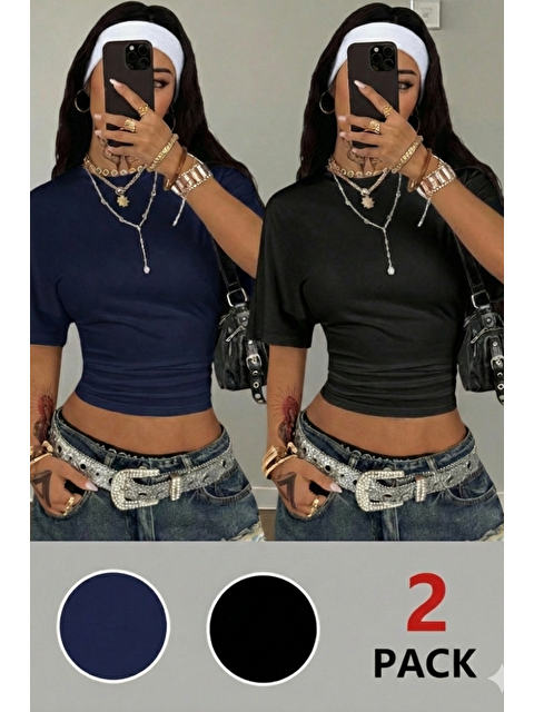 Tarz Cool Kadın Siyah-Lacivert Kısa Kollu Crop Tişört – Bisiklet Yaka, Slim Fit, Günlük & Basic T-Shirt - S000506628-37436