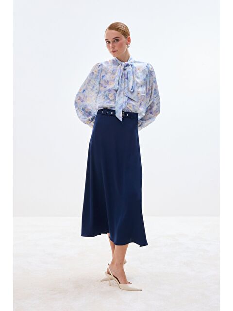 SATEEN Kemerli Saten Etek - Lacivert - S000508214-21164