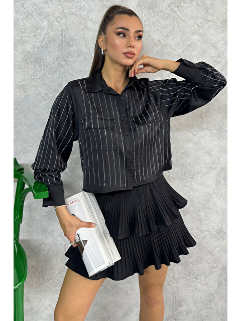 Gülseli Çift Cepli Taşlı Kadın Saten Gömlek - S000299649-19351