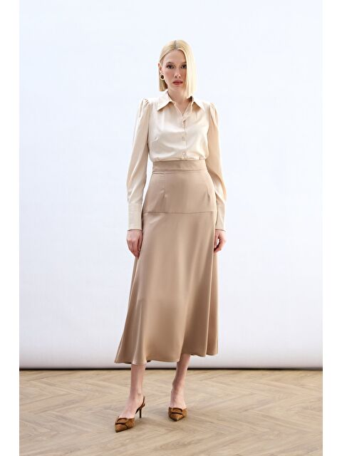 SATEEN Yüksek Bel Saten Etek - Bej - S000497788-19928