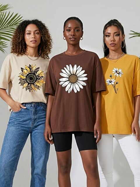 Trendseninle Bej Sarı Kahve Margrit Baskılı 3Lü Tişört - S000523885-23173