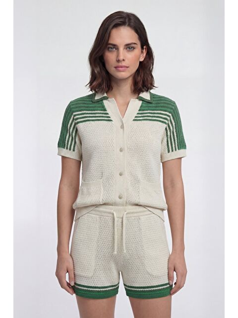 Sabri Özel Giotelli Ekru-Yeşil Regular Fit %100 Pamuklu Triko Şortlu Takım - S000523884-5409