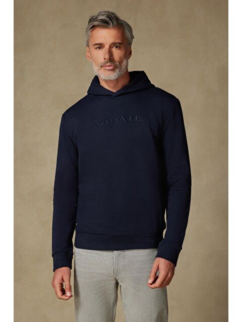 ABBATE Örme Kumaş Pamuklu Comfort Fit Lacivert Bisiklet Yaka Erkek Nakışlı Hoodie - S000438199-21164
