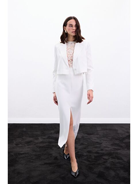 SATEEN Yırtmaçlı Midi Etek - Ekru - S000508288-19965