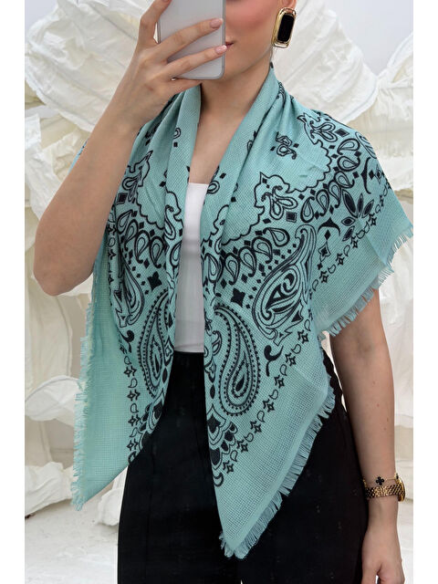 Remsa Desenli Kutjen Kare Omuz Şalı 1401 Turkuaz - S000530967-20055