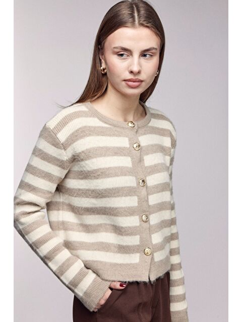 Saade Bej Çizgili Gold Düğmeli Bisiklet Yaka Hırka - S000506631-19928