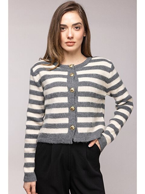Saade Gri Çizgili Gold Düğmeli Bisiklet Yaka Hırka - S000506631-20063