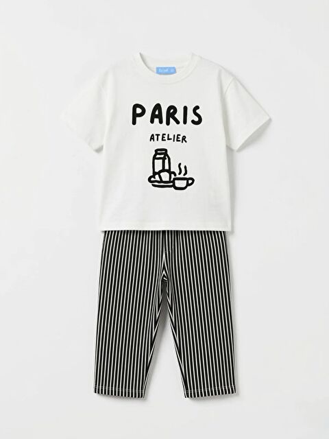 Magu Unisex Çocuk Pamuklu Ekru Baskılı Tişört Çizgili Takım - Siyah Beyaz