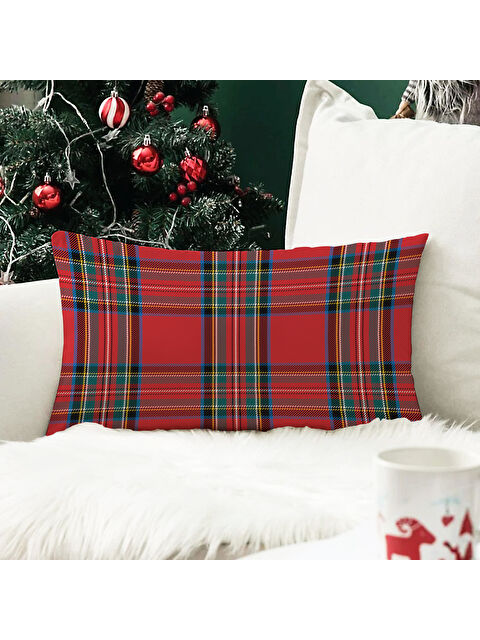 Evmila Yılbaşı Temalı Ekose Desenli Kadife Kırlent Kılıfı 35x55 cm - S000285262-23173