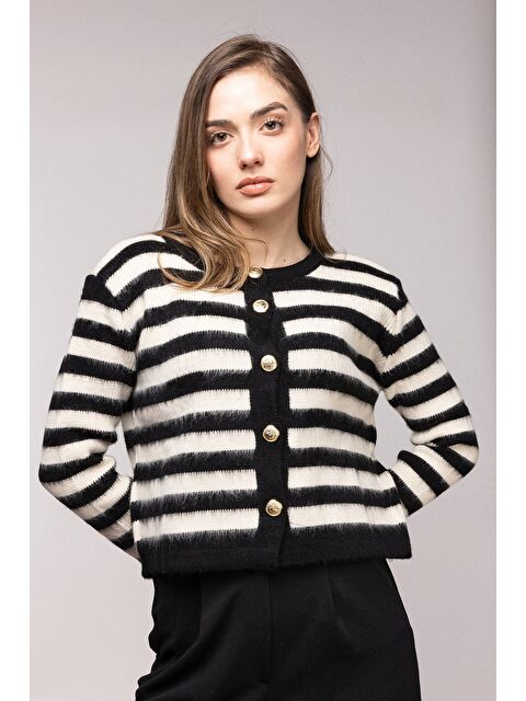 Saade Siyah Çizgili Gold Düğmeli Bisiklet Yaka Hırka - S000506631-19351