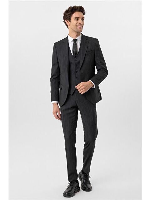 Süvari Siyah Slim Desenli Mono Yaka 6 Drop Yelekli Takım Elbise - S000460662-19351