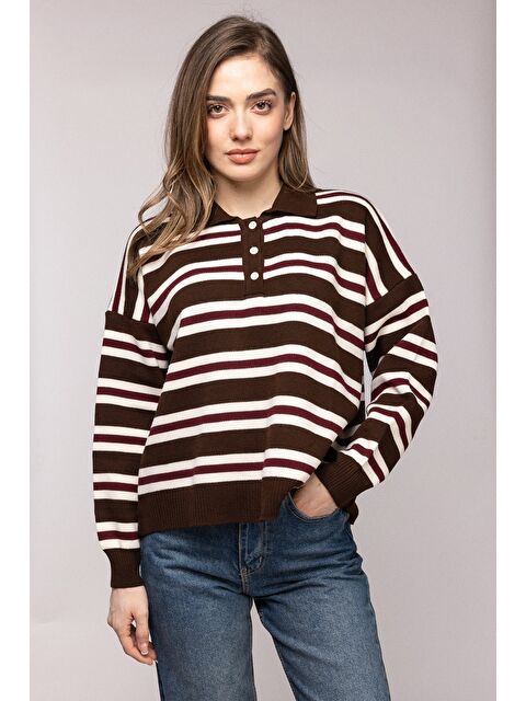 Saade Kahverengi Çizgili Polo Yaka Düğmeli Triko Kazak - S000506635-19413