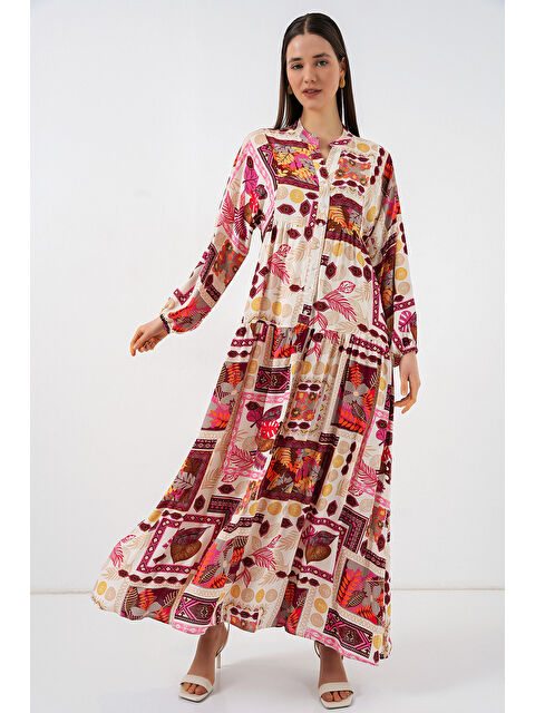 Bigdart Kadın Desenli Uzun Tesettür Elbise 2585 - E. Turuncu