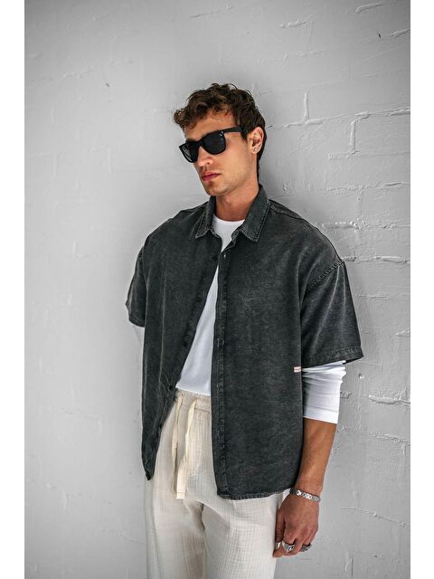 Abluka Online Erkek Kısa Kollu Desen Baskılı Yıkamalı Oversize Gömlek Siyah - S000365691-19351