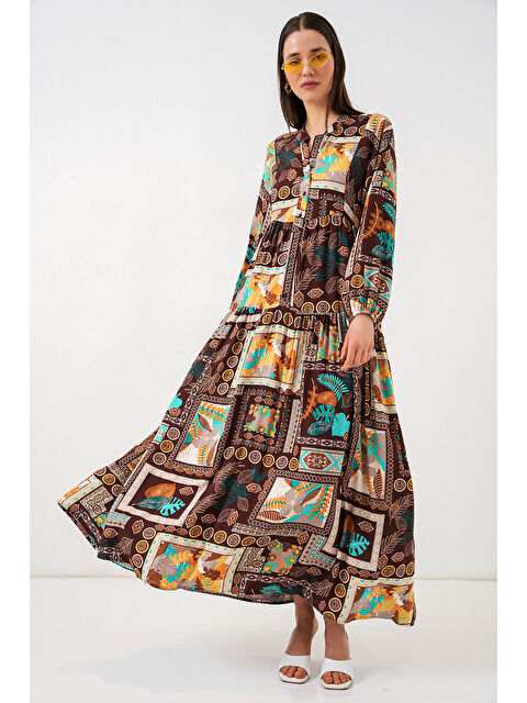 Bigdart Kadın Desenli Uzun Tesettür Elbise 2585 - D.Kahve