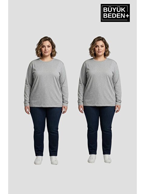 Süperlife Kadın Büyük Beden 2'li Set Uzun Kollu 2 İplik Bisiklet Yaka Tişört SPR26BEA942+2