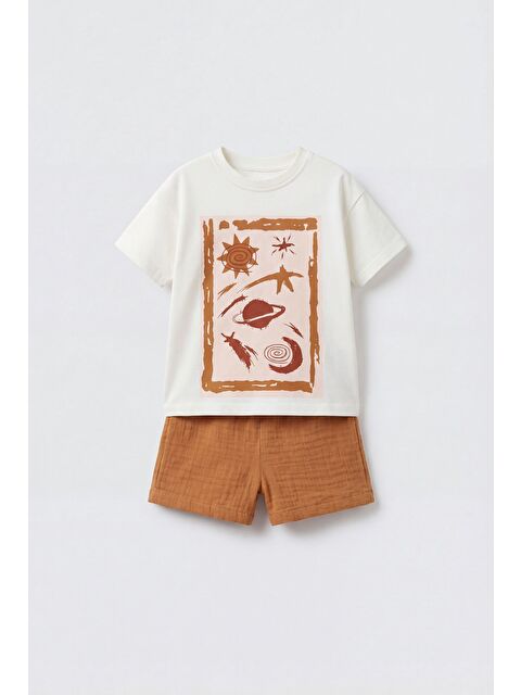 Magu Unisex Bebek Pamuklu Ekru Uzay Temalı Tişört Şort Takım