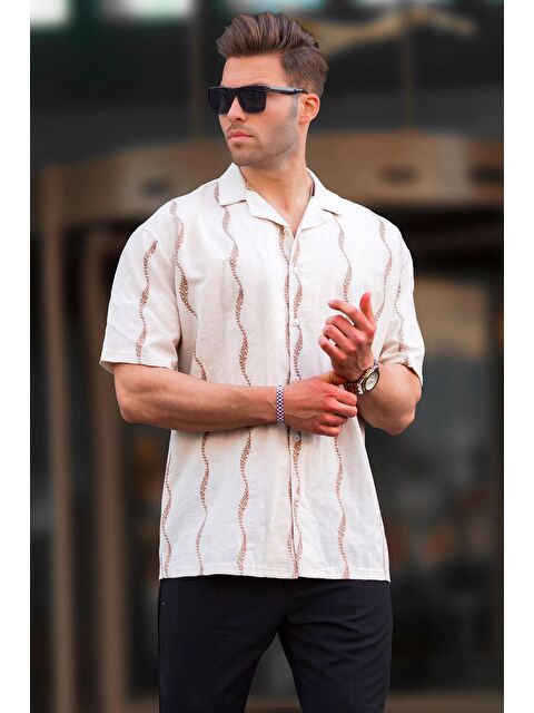 Madmext Bej Desenli Kısa Kollu Erkek %100 Pamuk Gömlek 6740 - S000193695-19928