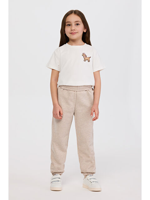 Panço Kız Çocuk Beli Ve Paçası Lastikli Simli Bej Eşofman Altı - S000510583-19928