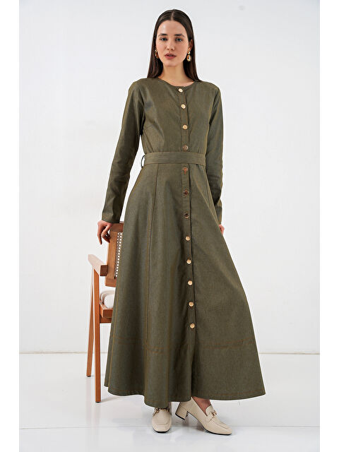 Bigdart Kadın Kuşaklı Uzun Denim Elbise 2595 - Haki