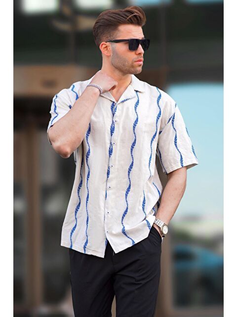 Madmext Mavi Desenli Kısa Kollu Erkek %100 Pamuk Gömlek 6740 - S000193695-17234