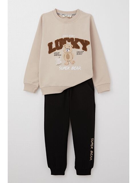 Breeze Erkek Bebek Eşofman Takım Şanslı Ayıcık Baskılı Yazı Nakışlı Bej (1-1.5 Yaş) - S000325489-19928