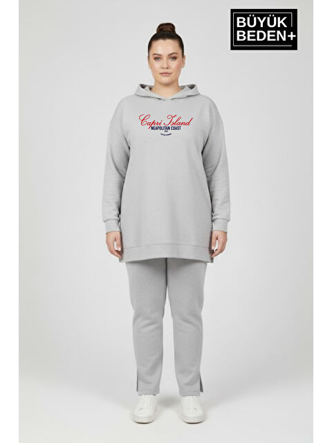 Süperlife Büyük Beden Kapüşonlu Capri İsland Baskılı Tunik ince Sweatshırt SPR26BTK991-2 - S000505477-17308