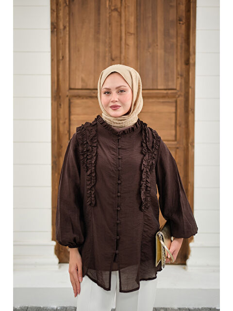 Locco Moda Kadın Yaka Büzgülü Gömlek Kahverengi