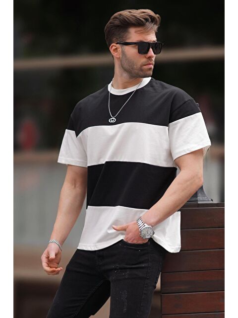 Madmext Siyah Oversize Renk Bloklu Bisiklet Yaka %100 Pamuk Tişört 7020 - S000193696-19351