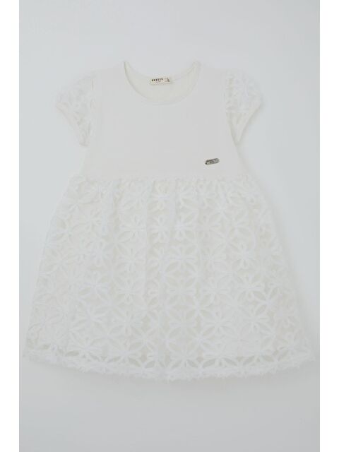 Breeze Kız Çocuk Elbise Etek Ve Kol Kısmı Organze Kabartmalı Çiçek Tül Detaylı Ekru (4-8 Yaş)