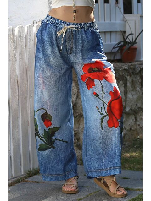 Chiccy İtalyan Jean Mavisi Dijital Baskılı Lastikli Ve Bağlamalı Bel Geniş Paça Dokuma Pantolon 105 65 - S000416165-17234