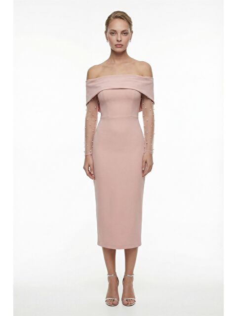 Lafaba Kadın Pudra Kayık Yaka İncili Midi Söz Nişan Nikah Abiye Elbise - S000506639-7152
