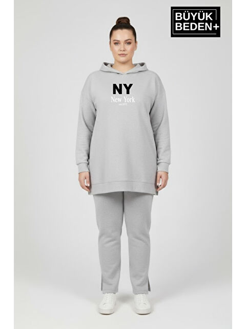 Süperlife Büyük Beden Kapüşonlu NY Newyork Baskılı Tunik ince Sweatshırt SPR26BTK991-1