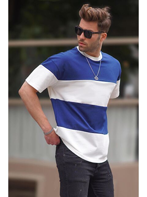 Madmext Lacivert Oversize Renk Bloklu Bisiklet Yaka %100 Pamuk Tişört 7020 - S000193696-21164