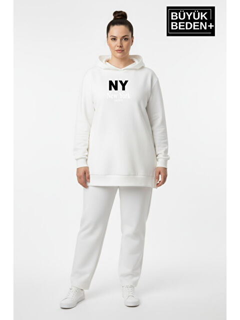 Süperlife Büyük Beden Kapüşonlu NY Newyork Baskılı Tunik ince Sweatshırt SPR26BTK991-1