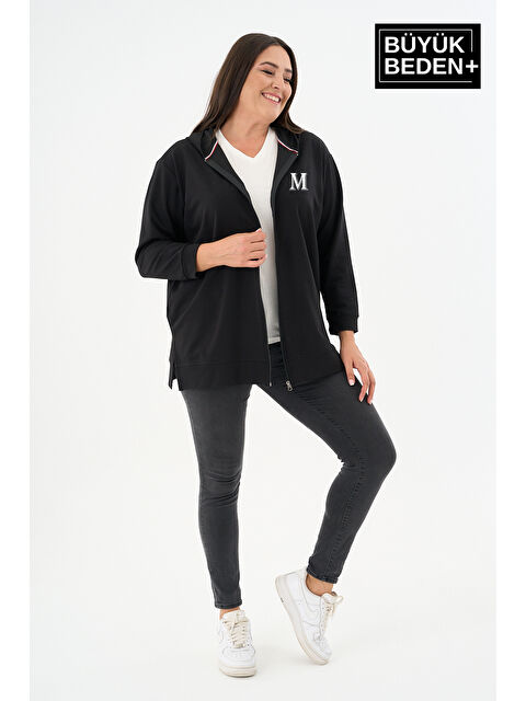 Süperlife Kadın Tunik Büyük Beden M Baskılı Fermuarlı Kapüşonlu Sweat Hırka SPR26BTK955-4 - S000505480-19351