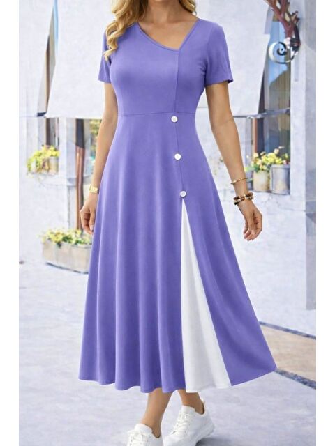 Jane's Kadın Kısa Kollu Asimetrik Yakalı Düğme Detaylı Midi Viskon Elbise