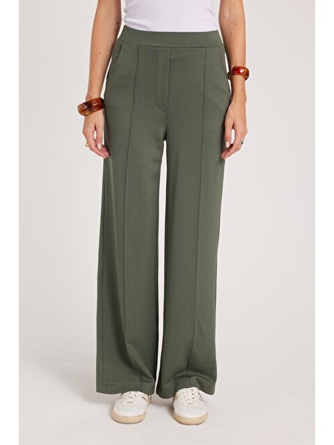 TUDORS Kadın Relax Fit Rahat Kesim Modal Kumaş Yüksel Bel Geniş Paça Haki Pantolon - S000523014-18547