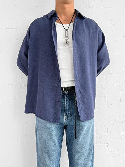 Abluka Online Erkek Oversize Yıkamalı Rahat Gömlek Lacivert - S000365701-21164