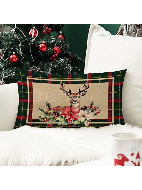 Evmila Yılbaşı Temalı Geyik Desenli Kadife Kırlent Kılıfı 35x55 cm - S000285263-23173