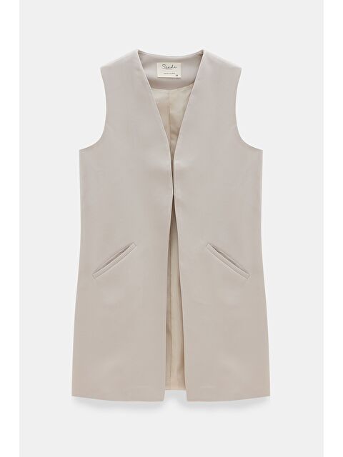 Saade Gri Kadın V Yaka Agraf Kapama Rahat Kesim Cepli Dokuma Uzun Yelek - S000497523-20600