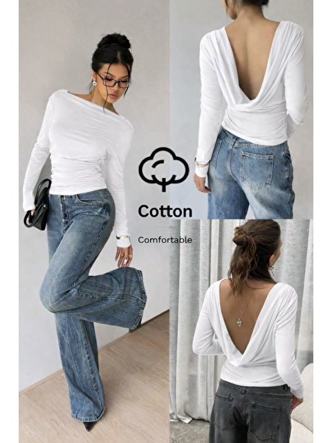 Tarz Cool Kadın Beyaz Derin Sırt Dekolteli Uzun Kollu Esnek Pamuk Bluz - S000506644-20063