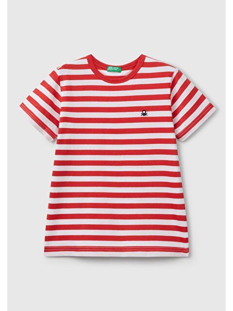 United Colors Of Benetton Erkek Çocuk Kırmızı Çizgili Önü Logo İşlemeli Tişört - S000358360-20045