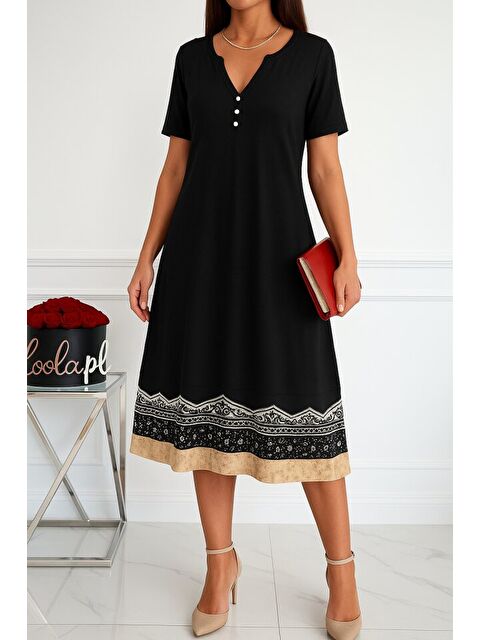 Jane's Kadın Kısa Kollu V Yakalı Etek Ucu Desenli Viskon Elbise - S000527737-19351