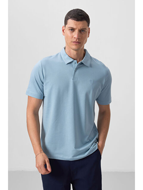 Tommylife Buz Mavi Basic Göğüs Logolu Standart Kalıp Triko Polo Yaka Erkek Tişört - 87768 - S000028470-17234