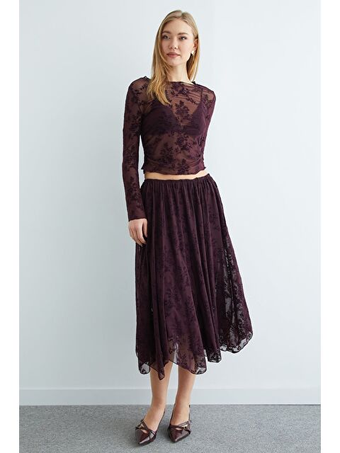 Fullamoda Çiçek Desenli Asimetrik Astarlı Transparan Etek - S000501510-20036