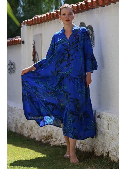 Chiccy Saks Mavisi Hakim Yaka Fırfırlı Kol Düğmeli Eteği Fırfırlı Allover Baskılı Dokuma Elbise 130 58 - S000416107-23710