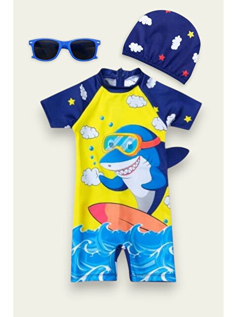 My Kids Wear Çocuk Desenli Mayo Takımı - Bone ve Güneş Gözlüğü Hediyeli 2'li Set 12717