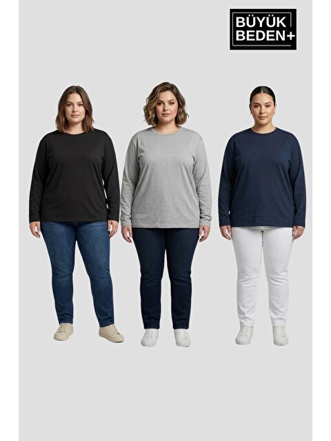 Süperlife Kadın Büyük Beden 3'lü Set Uzun Kollu 2 İplik Bisiklet Yaka Tişört SPR26BEA942+2